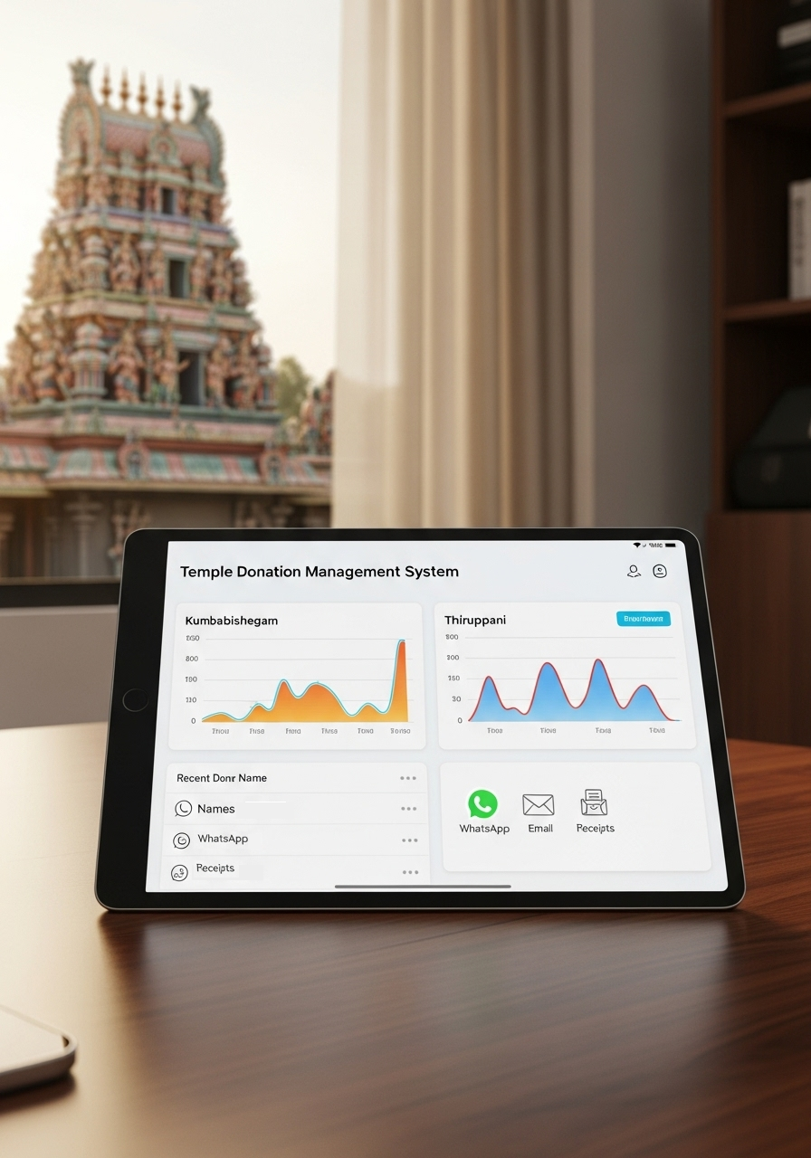 Temple donation and fund tracking dashboard on a tablet