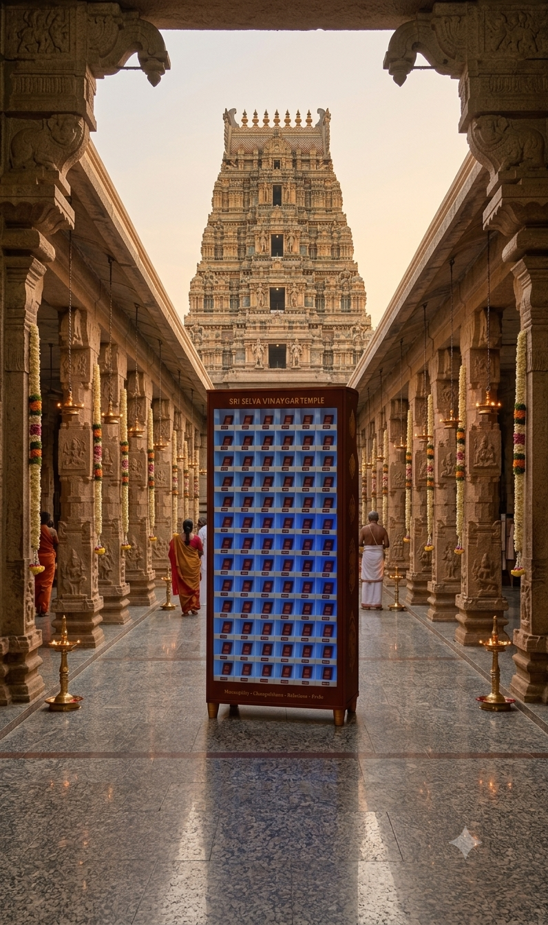 Vilakku Vending Machine inside a temple corridor with the gopuram in view